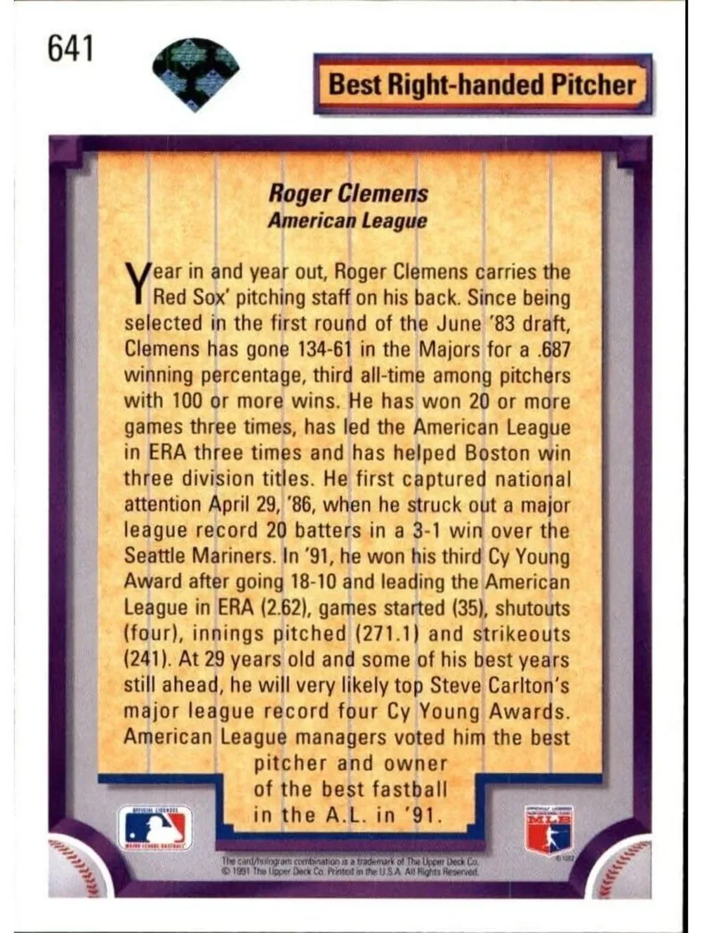 Roger Clemens 1992 Upper Deck MLB #641 DS Baseball Card Boston Red Sox